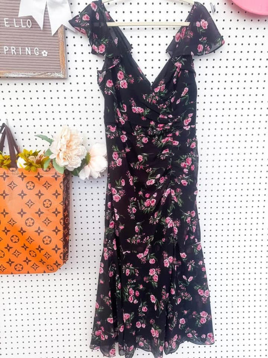 Walking in the Garden Floral Dress | Sugarlips Tea Length Black Floral Dress