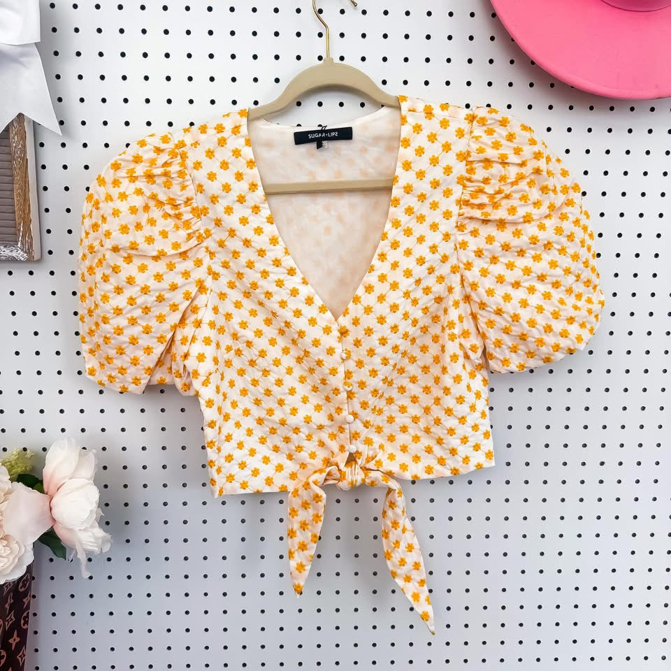 You Are My Sunshine Top | Yellow Embroidered Daisy Puff Sleeve Tie Top