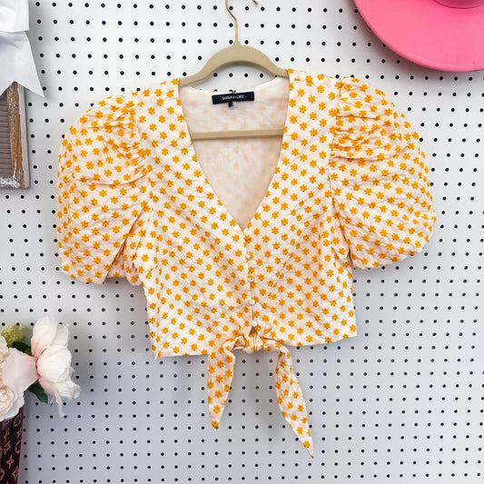 You Are My Sunshine Top | Yellow Embroidered Daisy Puff Sleeve Tie Top