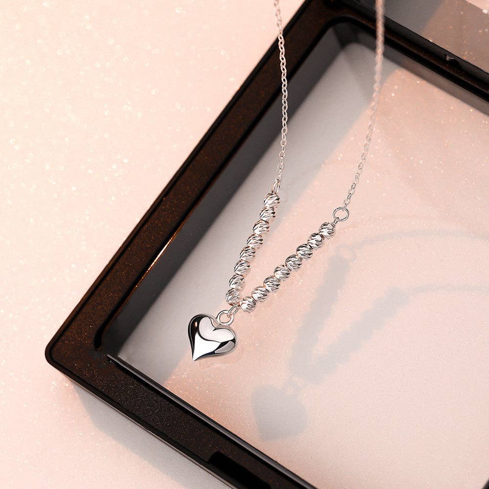Beaded Heart Charm Pendant Necklace | 925 Sterling Silver Heart Necklace
