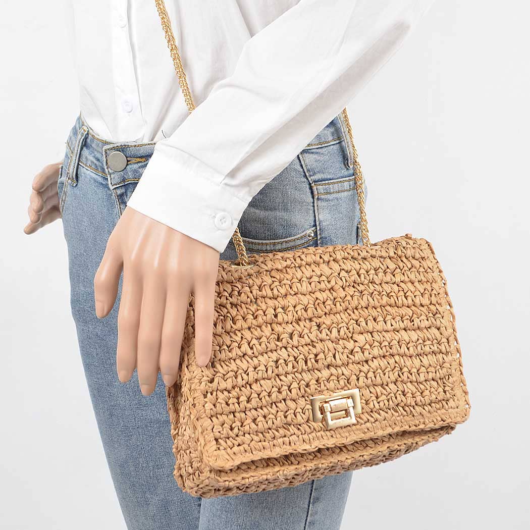 Faux Straw Bucket Bag | Khaki Straw Bucket Bag Gold Chain