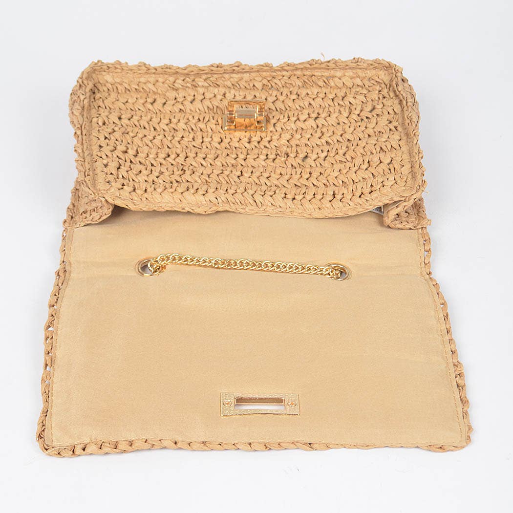 Faux Straw Bucket Bag | Khaki Straw Bucket Bag Gold Chain