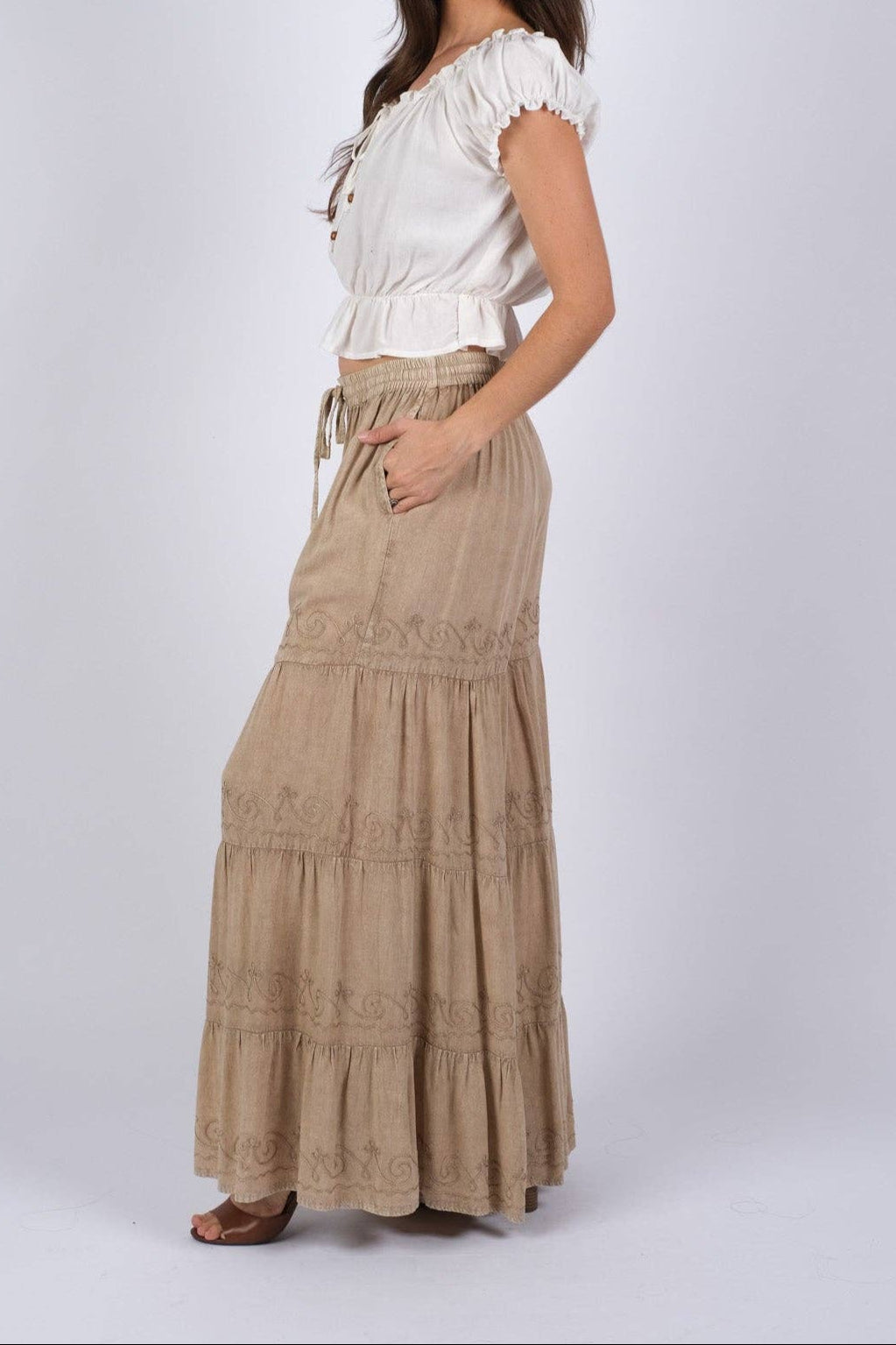 Artisan Embroidered Palazzo Pants | Embroidered Camel Tiered Palazzo Pants