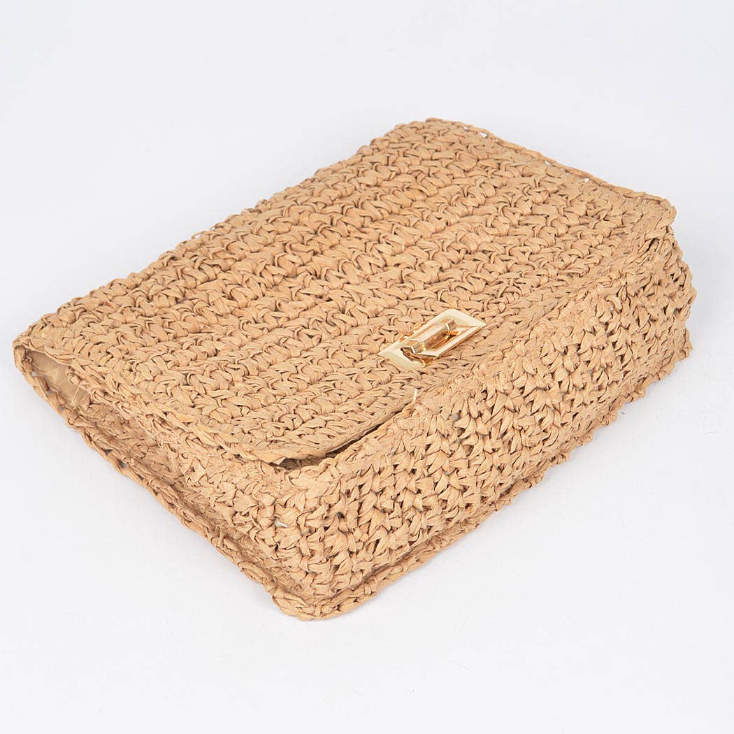 Faux Straw Bucket Bag | Khaki Straw Bucket Bag Gold Chain