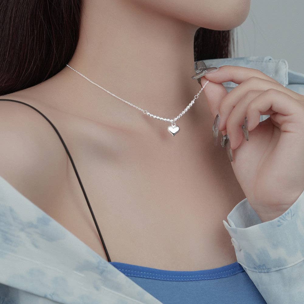 Beaded Heart Charm Pendant Necklace | 925 Sterling Silver Heart Necklace