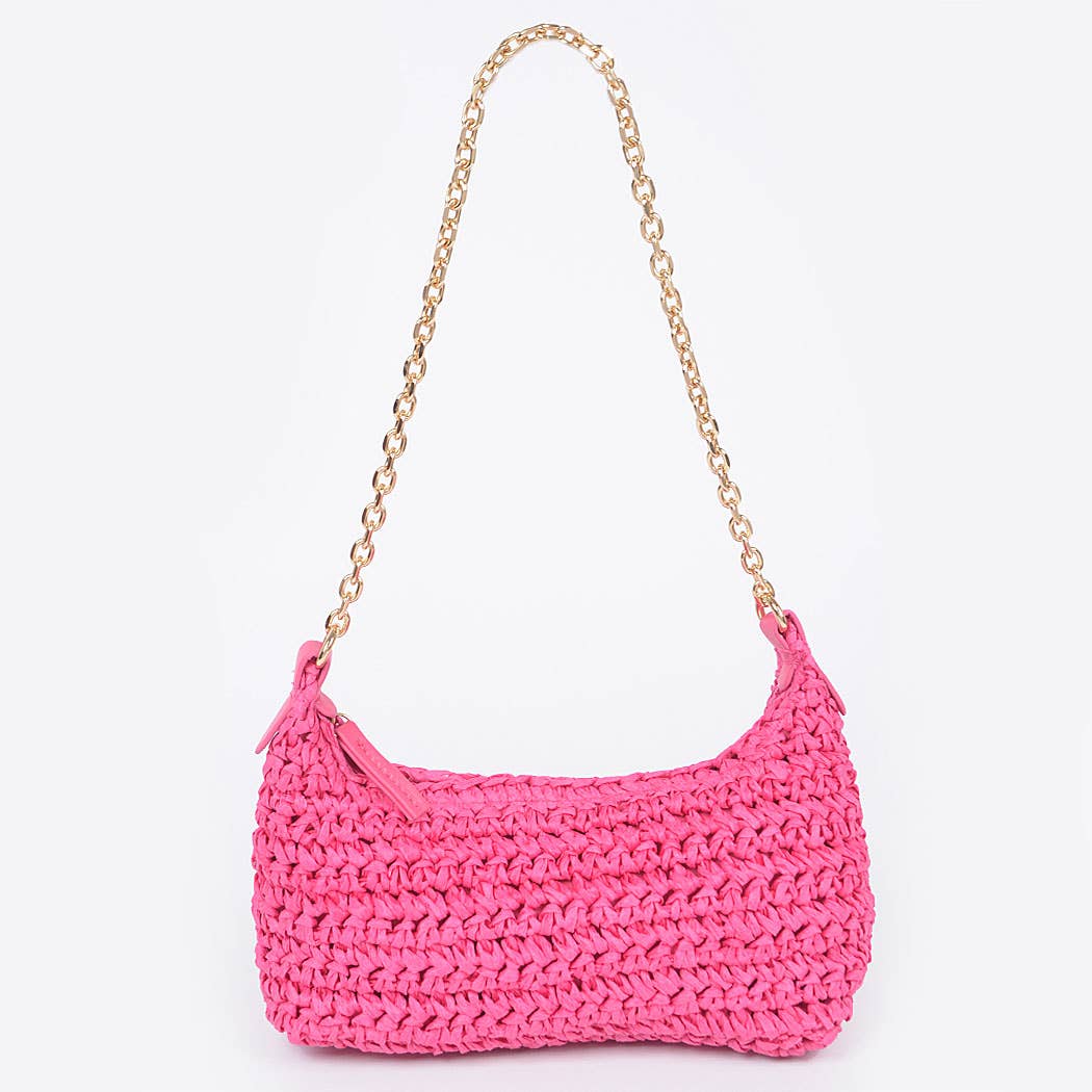 Faux Straw-Colored Bag | Straw Bag with Gold Chain Shoulder Strap