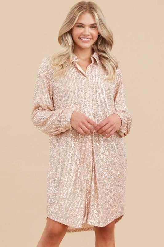 Champagne Sparkle Shirt Dress | Collared Sparkle Shirt Dress