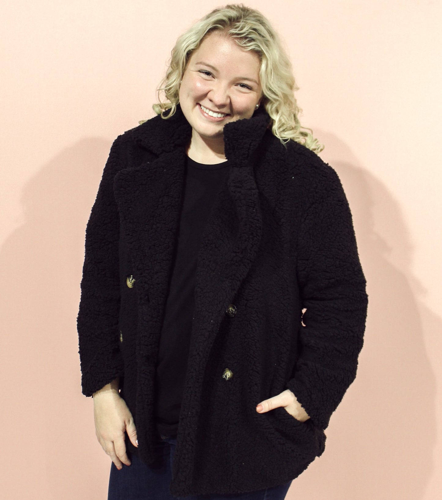 Cuddle Time Sherpa Jacket | Double Breasted Black Sherpa Jacket