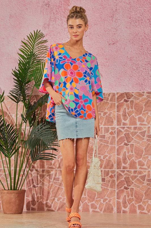 Flower Child Top | Bright Floral V Neck Top