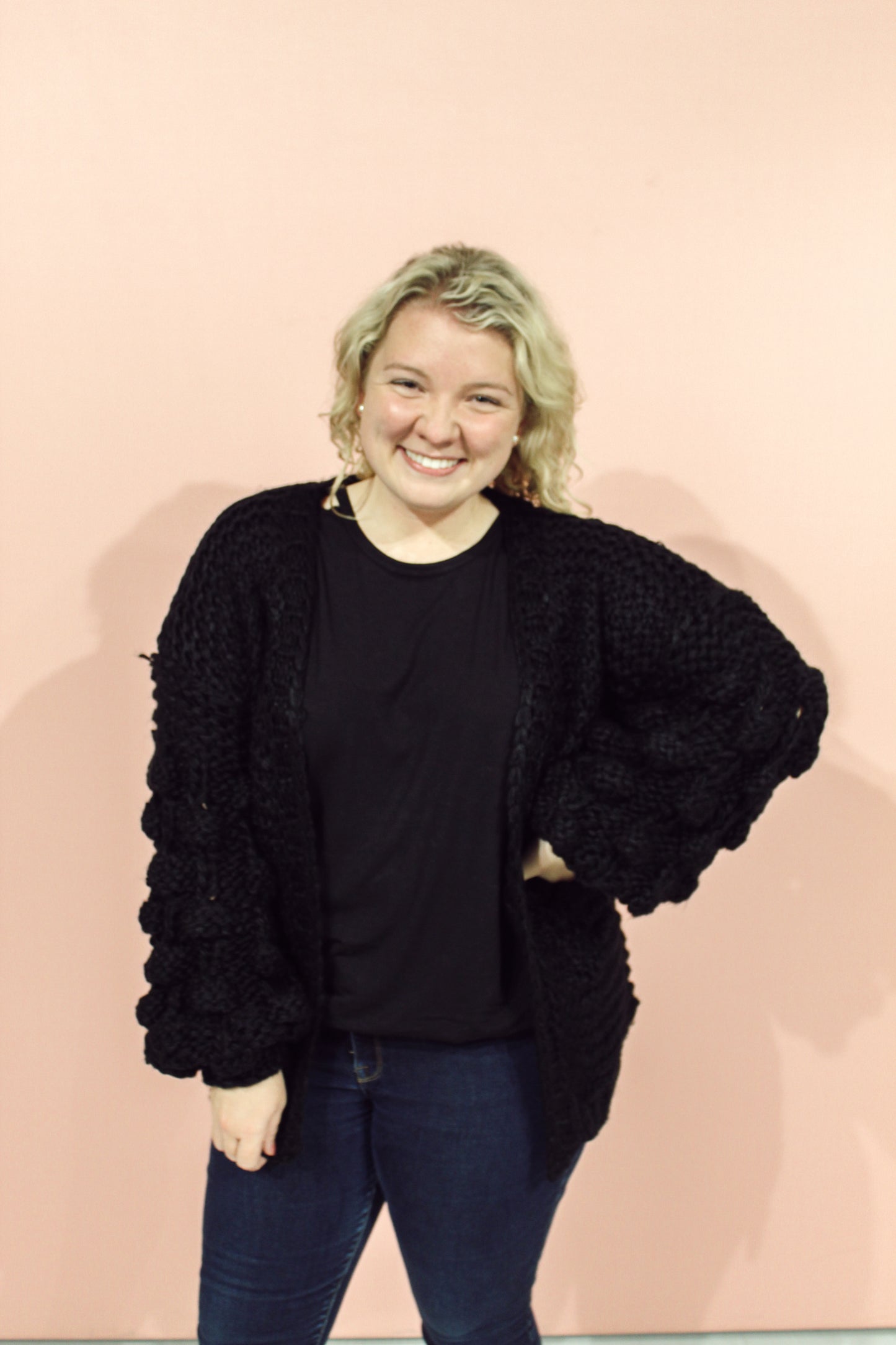 Handmade with Love Cardigan | Black Pompom Long Sleeve Cardigan