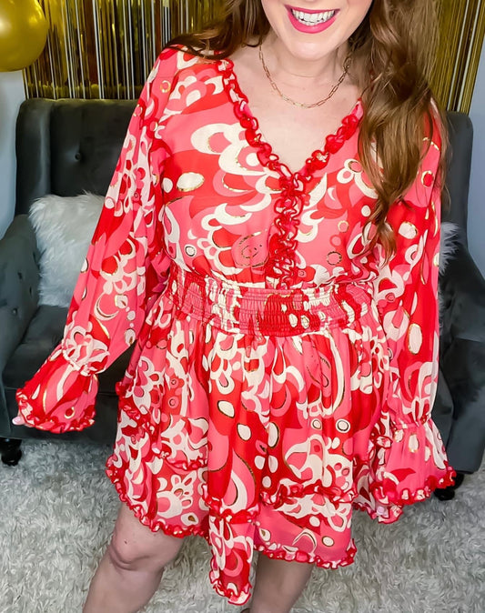 Lost in Paradise Coral Dress | Coral Ruffle Long Sleeve Dress
