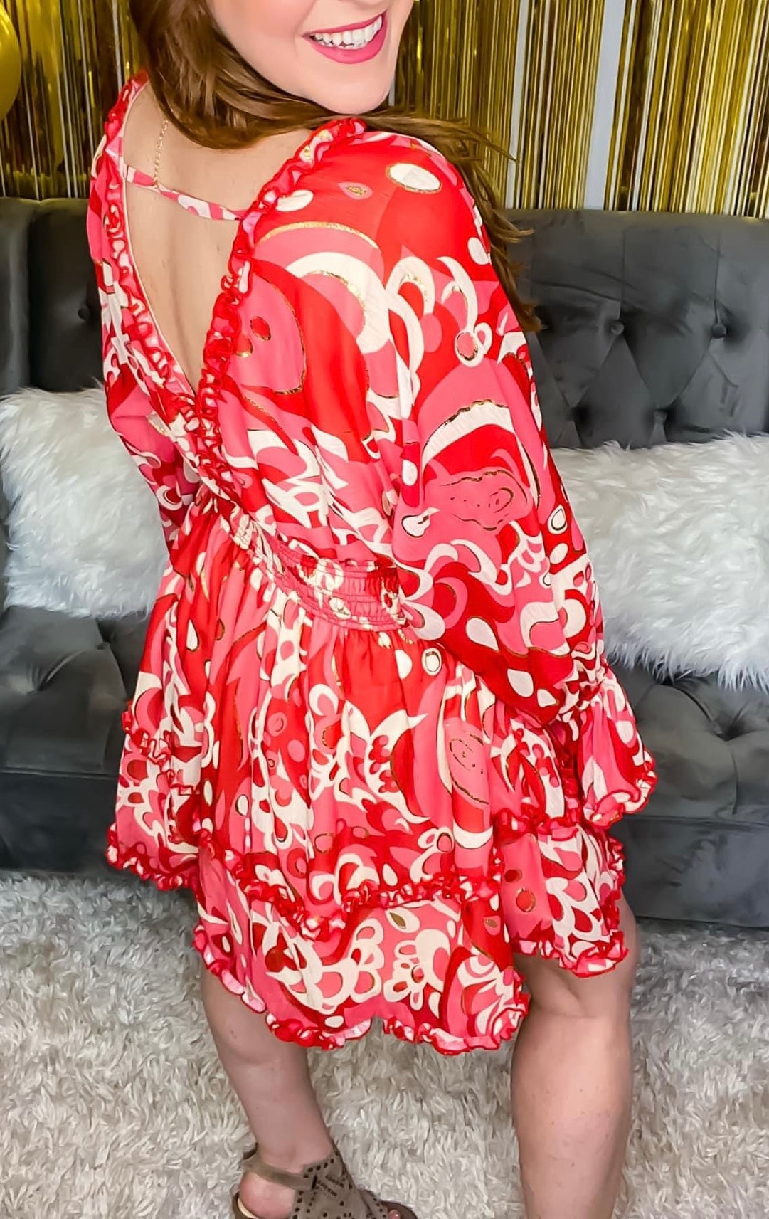 Lost in Paradise Coral Dress | Coral Ruffle Long Sleeve Dress