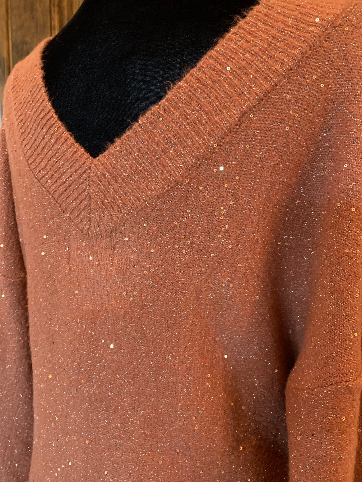 All That Glitters Salmon Sweater | Long Sleeve Double V Neckline Sweater
