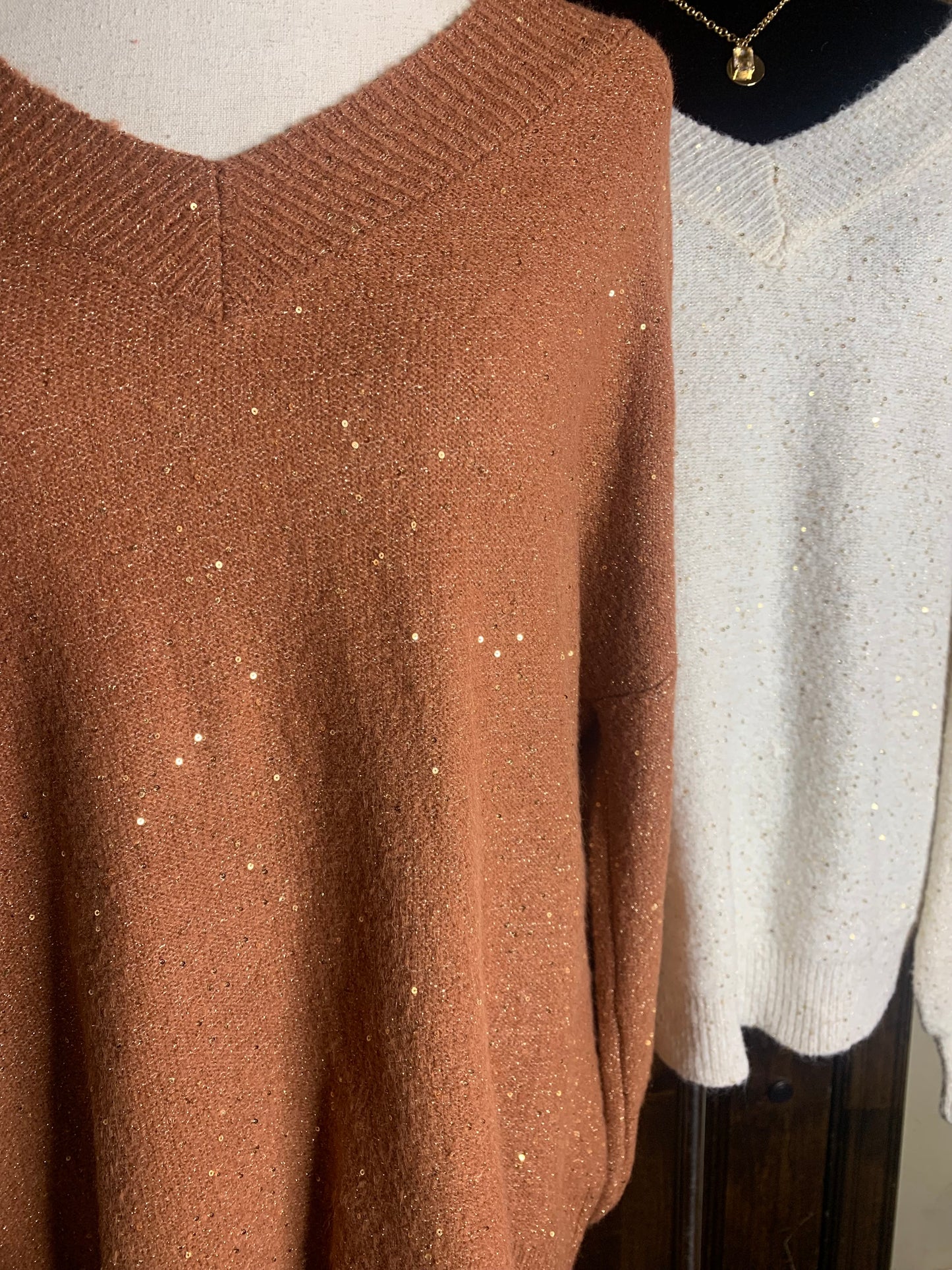 All That Glitters Ivory Sweater | Long Sleeve Double V Neckline Sweater