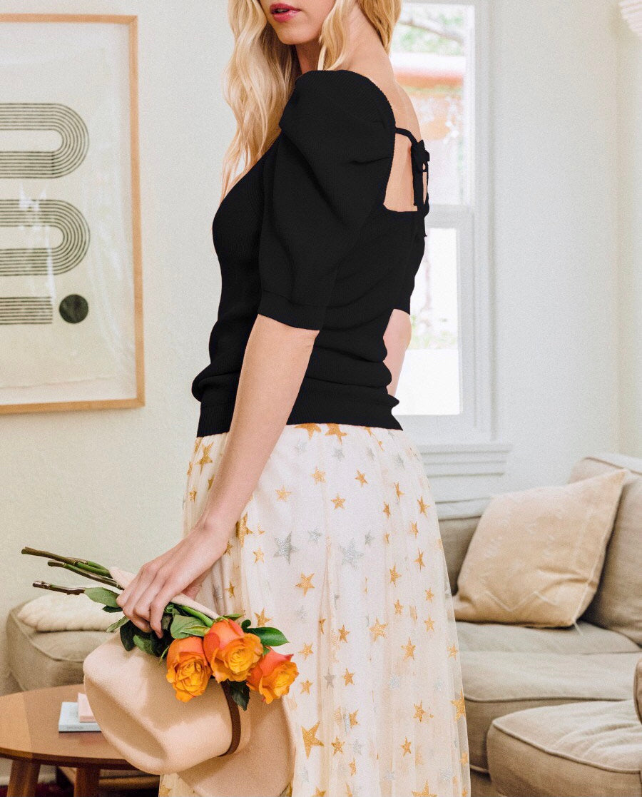 Dreamy Knit Tie Back Top | Puff Short Sleeve Tie Back Top