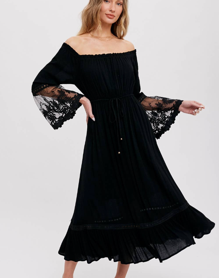Waiting For You Black Dress | Lace Trim Bell Sleeve Midi Black Dress