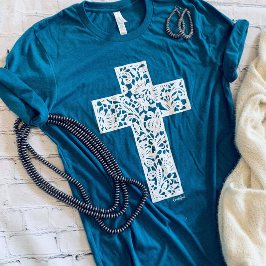 Have Faith Lace Cross Tee / Teal Lace Cross Fall Graphic Tee