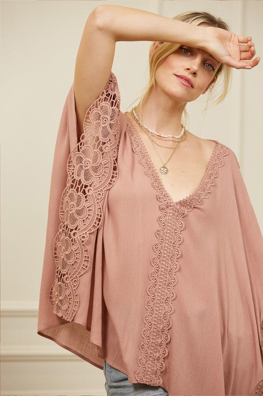 Crisp and Cool Top -Lace Dolman Sleeves and V-neck