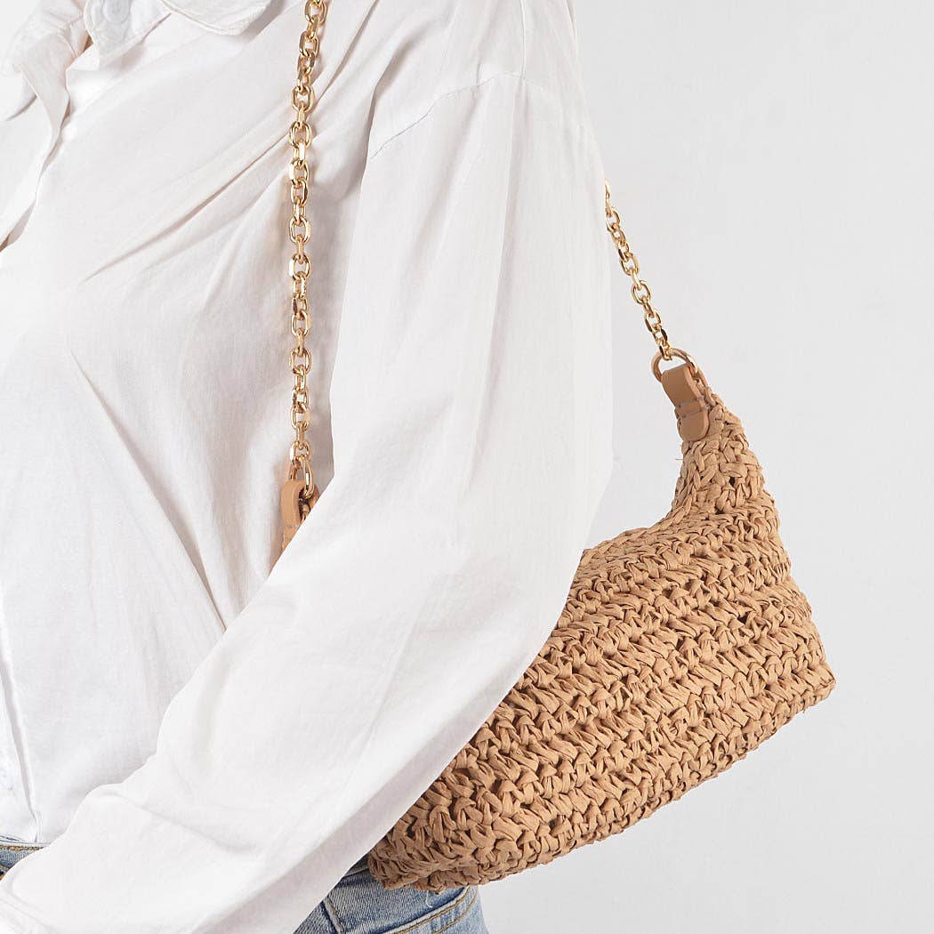 Faux Straw Bag with Gold Chain Shoulder Strap