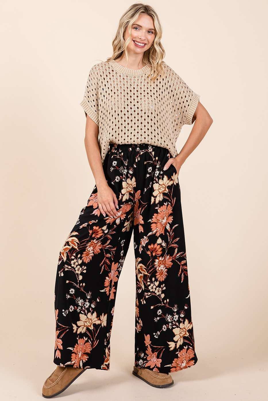 Autumn Stroll Pants / Flower Print Wide Leg Pants ELASTIC WAIST MID RISE WIDE LEG PANTS