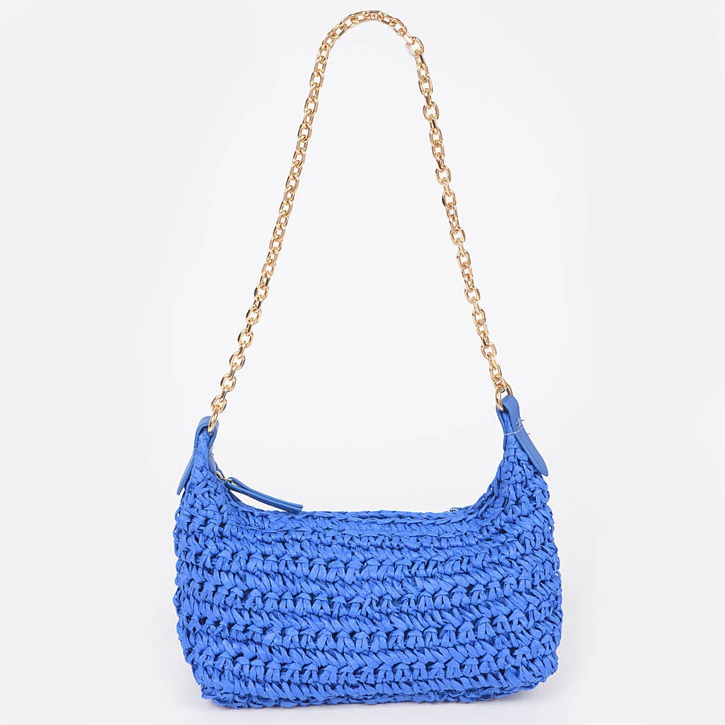 Faux Straw Bag with Gold Chain Shoulder Strap