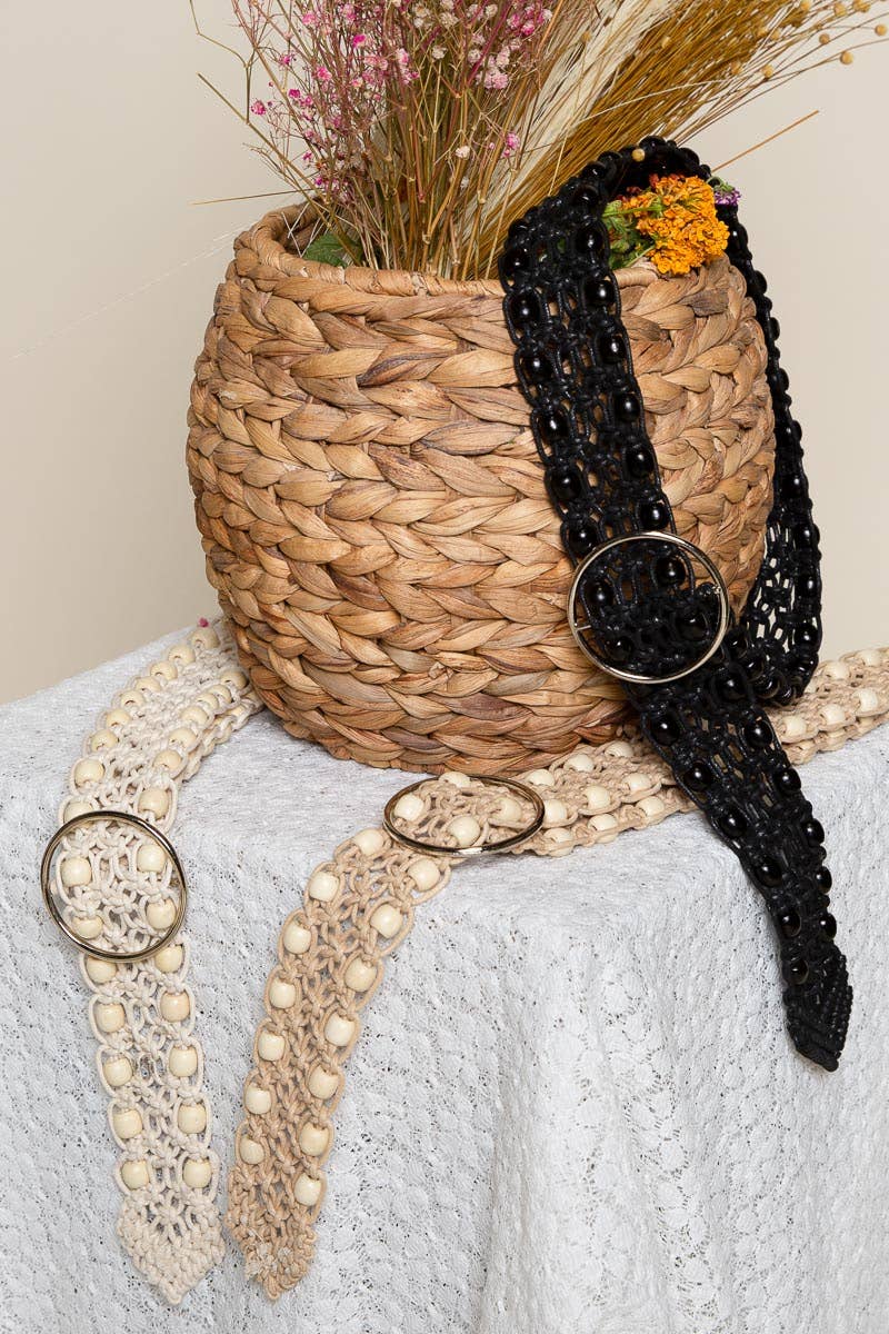 O Ring Beaded Adjustable Belt | Leatherette Beaded Pattern Detail Belt