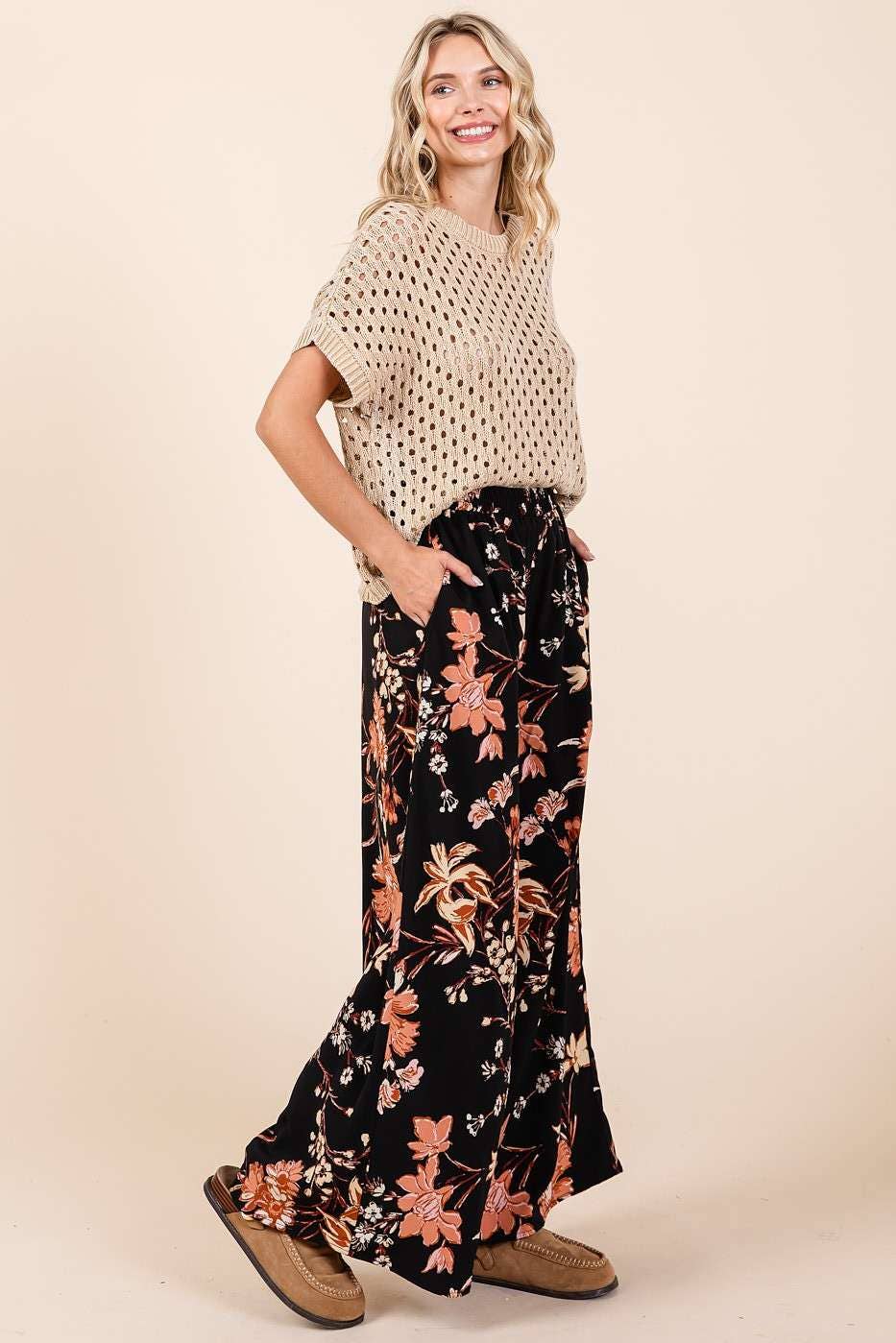 Autumn Stroll Pants / Flower Print Wide Leg Pants ELASTIC WAIST MID RISE WIDE LEG PANTS