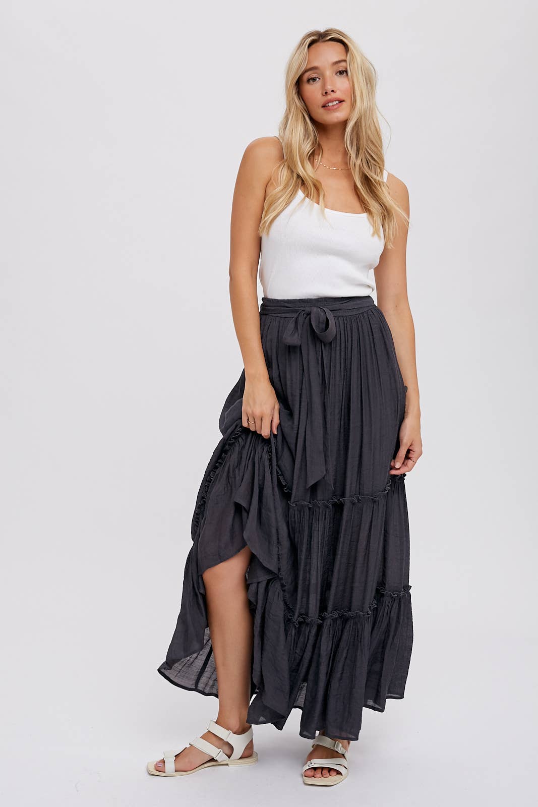 Tiered and True Maxi Skirt - Frill Detail with Self-Tie Waist