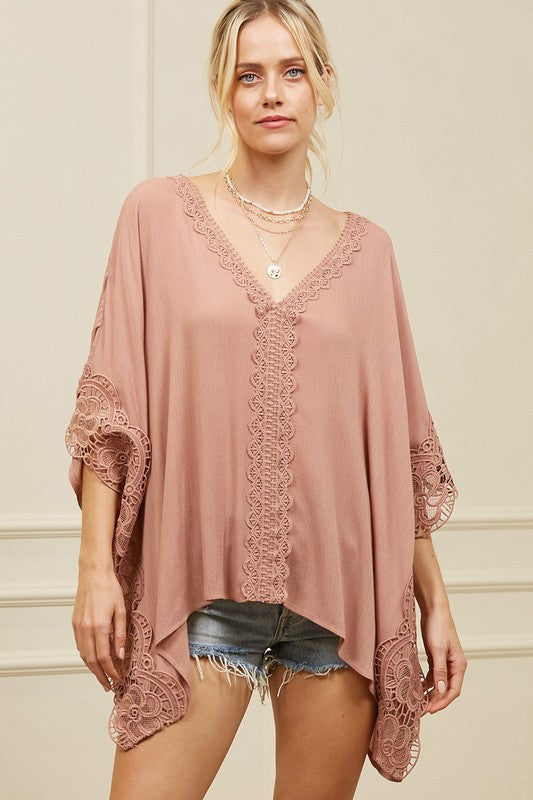 Crisp and Cool Top -Lace Dolman Sleeves and V-neck