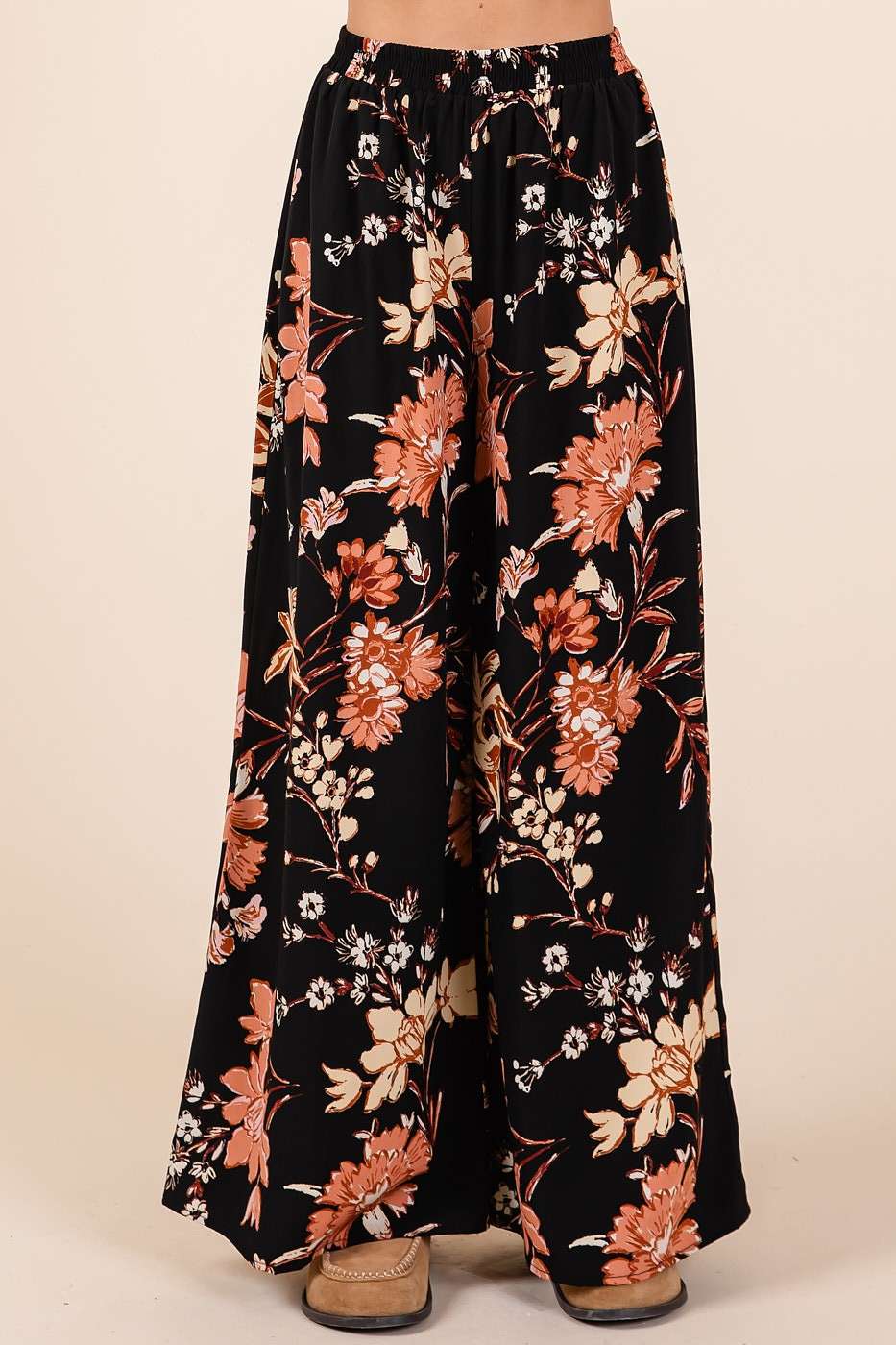 Autumn Stroll Pants / Flower Print Wide Leg Pants ELASTIC WAIST MID RISE WIDE LEG PANTS