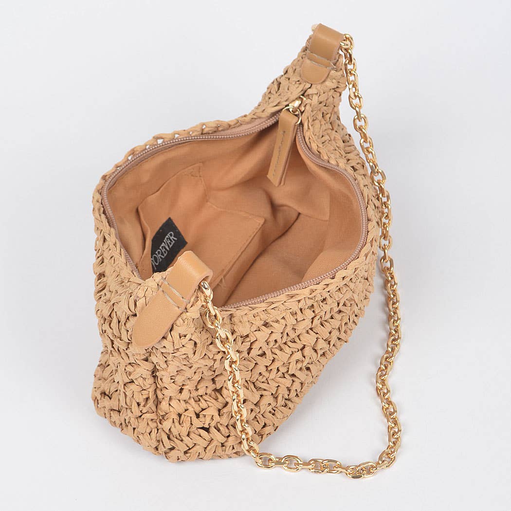 Faux Straw Bag with Gold Chain Shoulder Strap