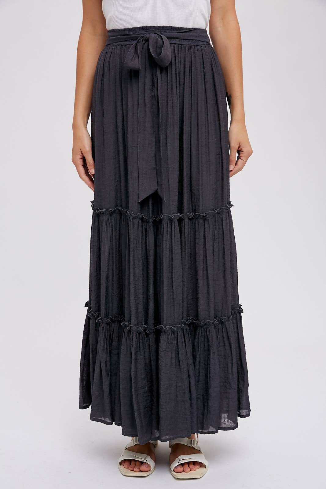 Tiered and True Maxi Skirt - Frill Detail with Self-Tie Waist