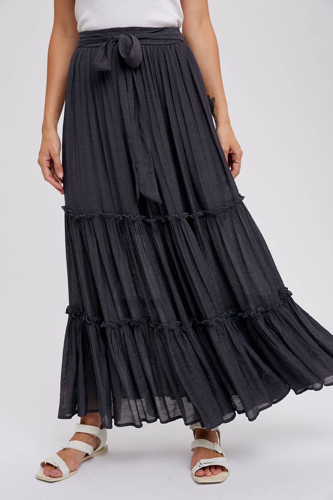 Tiered and True Maxi Skirt - Frill Detail with Self-Tie Waist