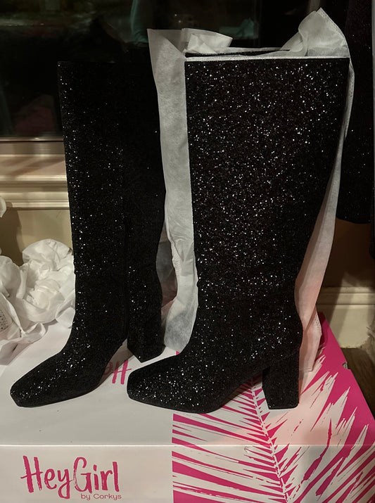 Black Glitter Boots | Tall Black Glitter Boots with Heel