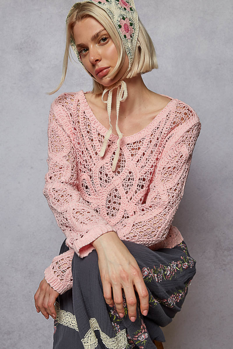 Blush Bubbles Pink Crochet Top | Blush Crochet Long Sleeve Top