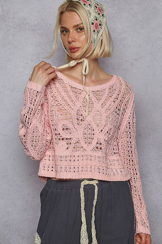 Natural Beauty Pink Crochet Top | Blush Crochet Long Sleeve Top