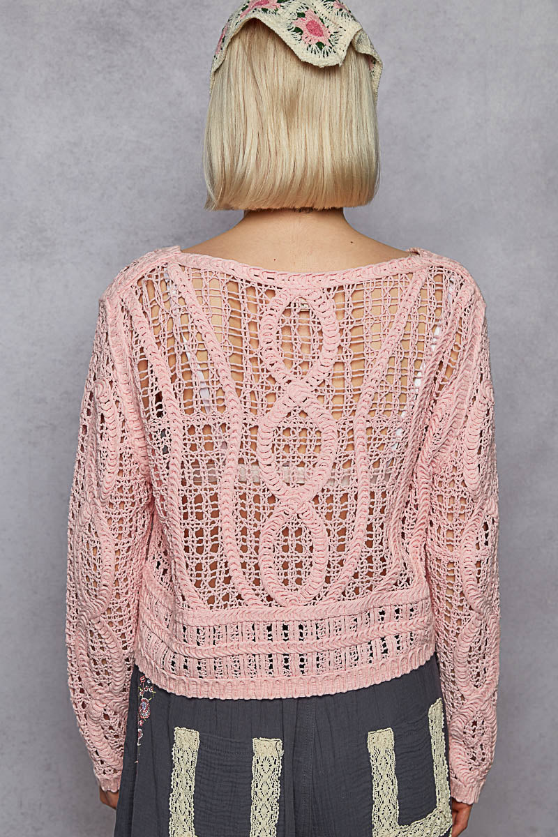 Natural Beauty Pink Crochet Top | Pink Crochet Long Sleeve Top