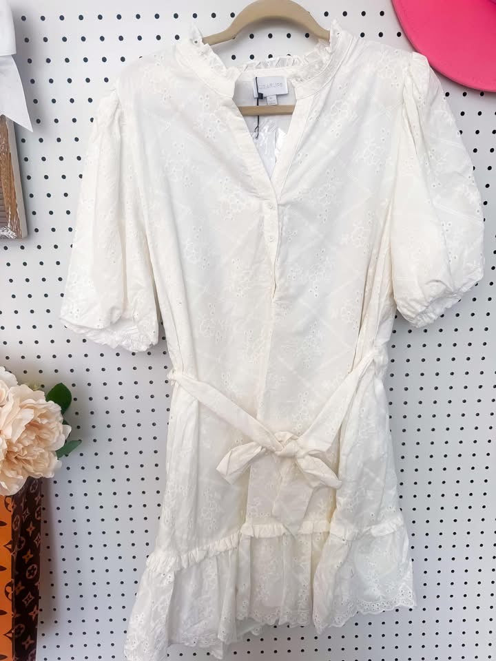 Brunch Ready Eyelet Dress | Ruffle Split V Neckline Eyelet Dress