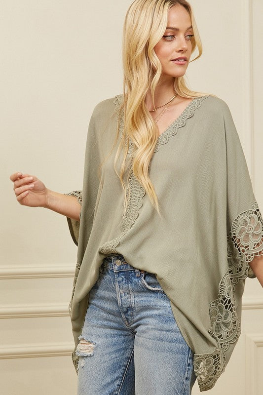 Crisp and Cool Top -Lace Dolman Sleeves and V-neck