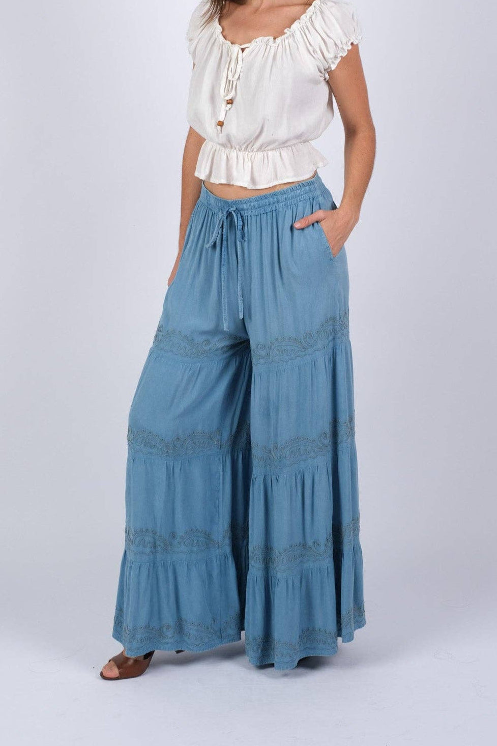 Embroidered Artisan Blue Palazzo Pants | Embroidered Tiered Blue Palazzo Pants