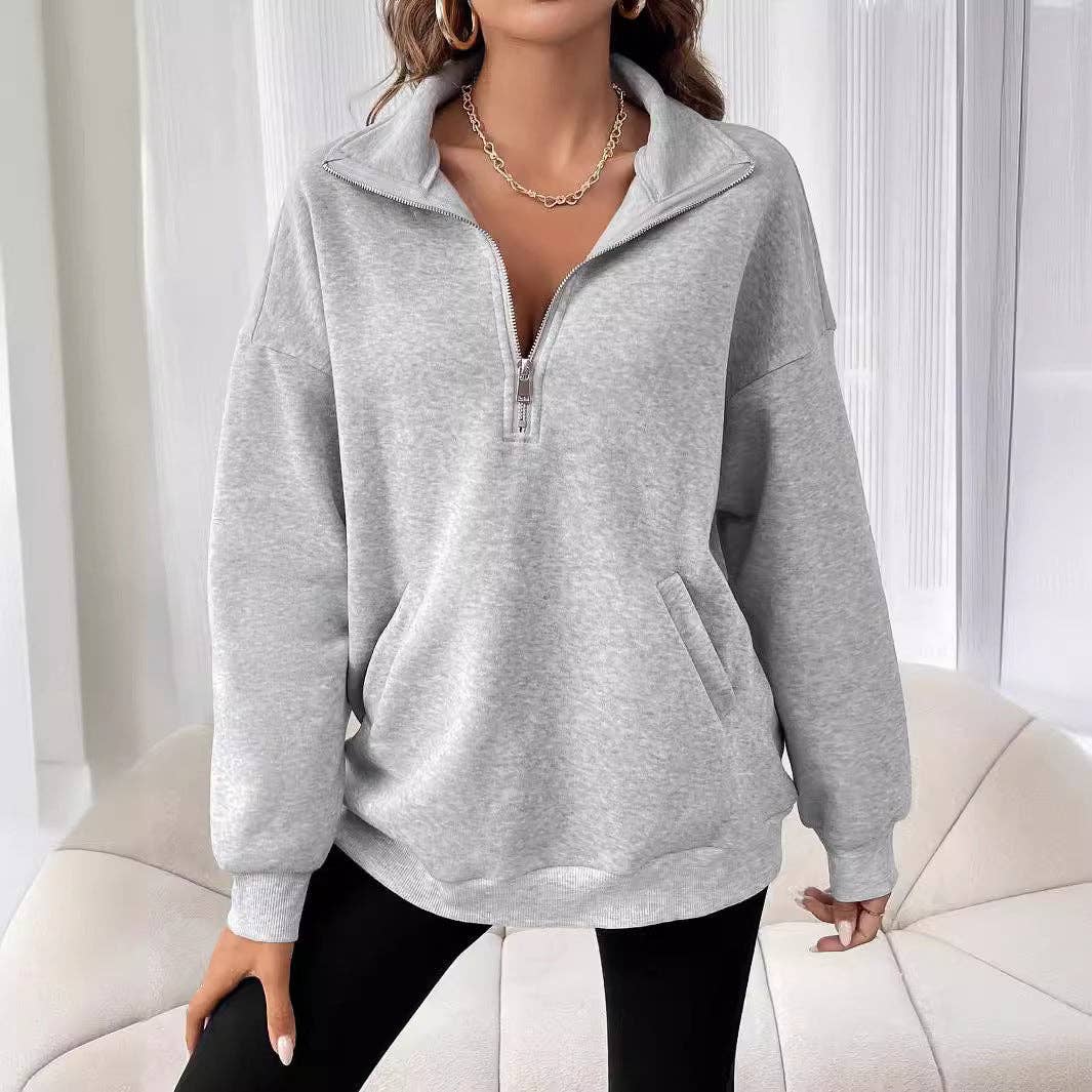 Fall Staple Pullover Sweatshirt | Half Zip Pullover Gray Sweatshirt 