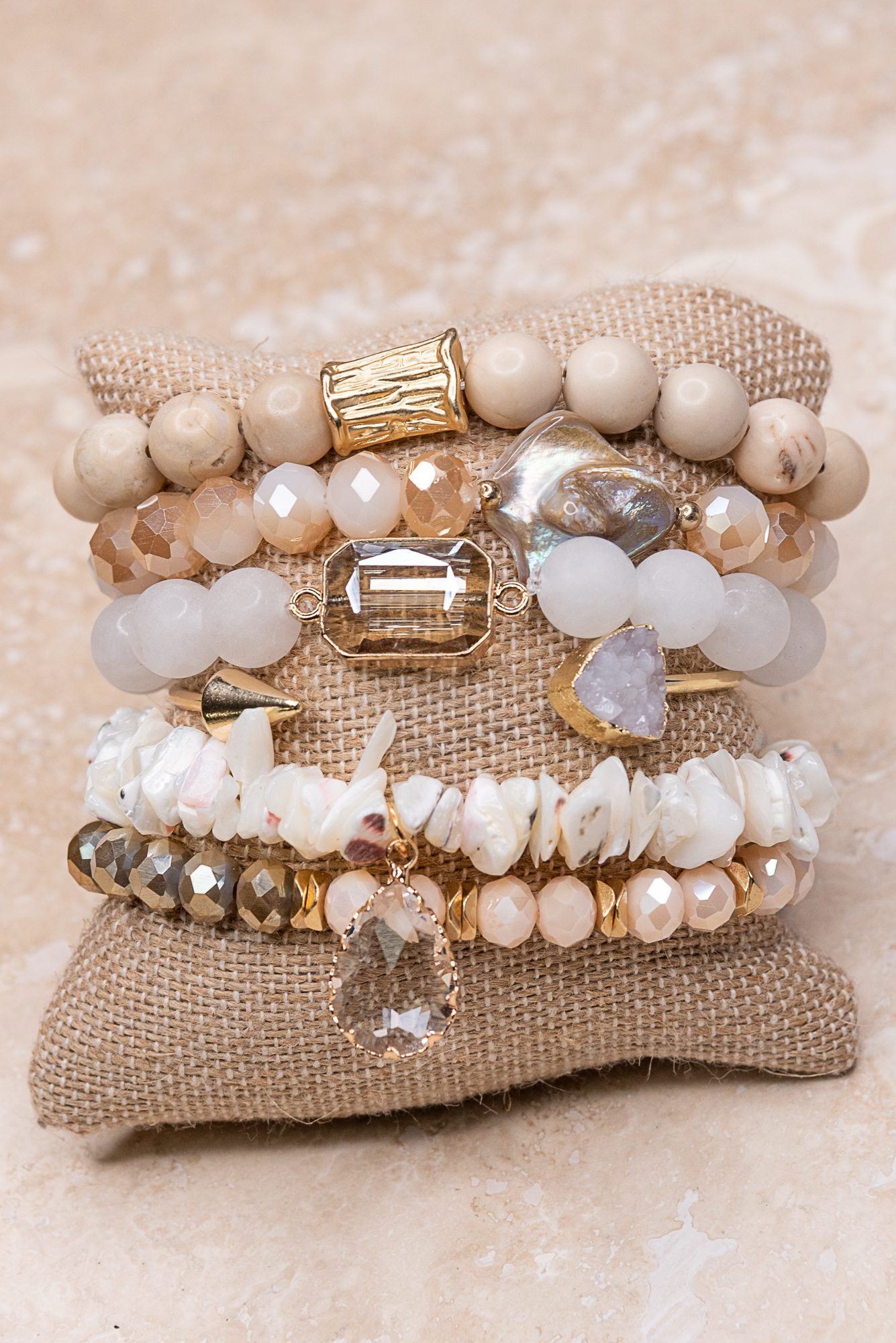 Harper Stretch Bracelet Set | Neutral Beaded Stretch Bangle Bracelet Set