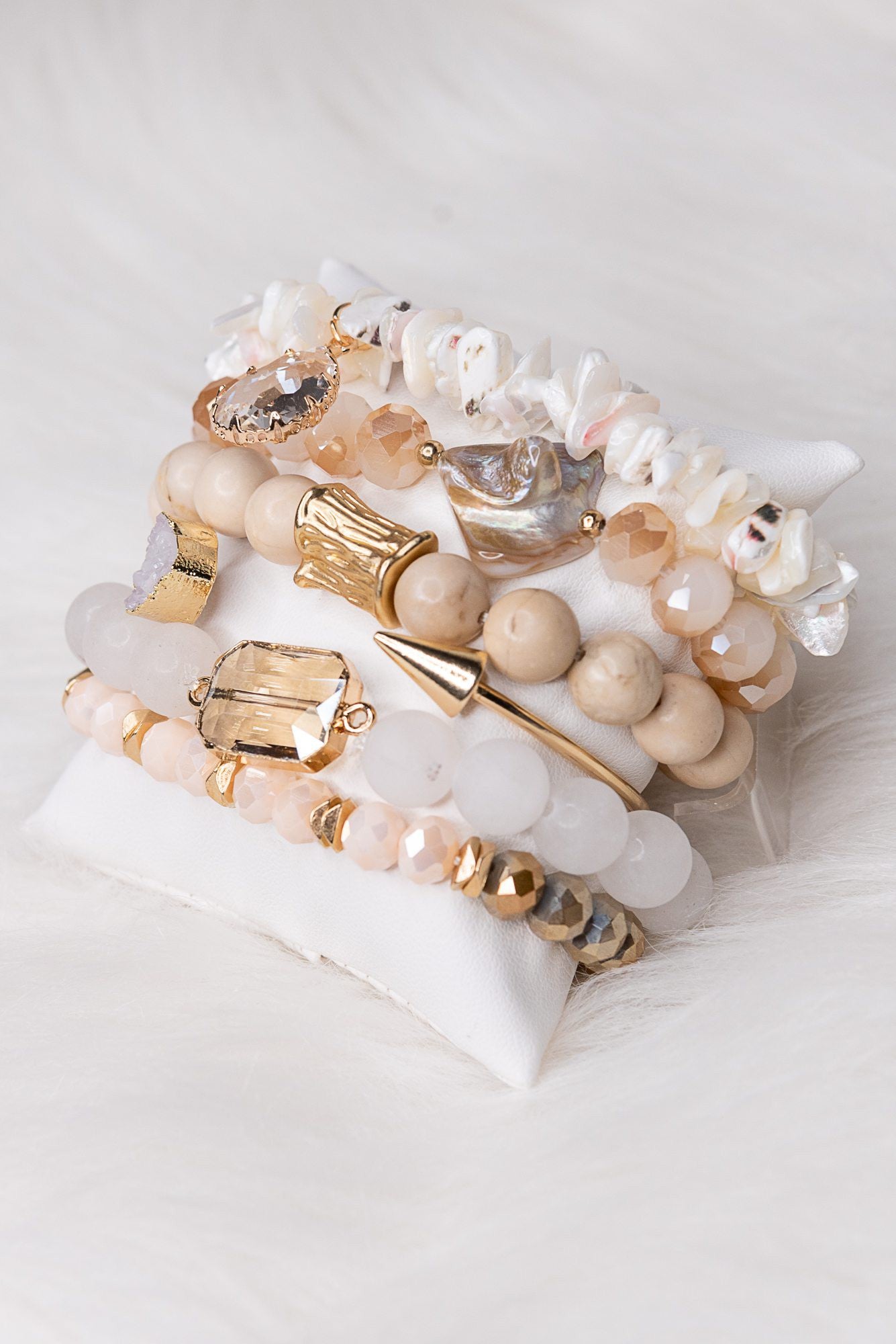 Harper Stretch Bracelet Set | Neutral Beaded Stretch Bangle Bracelet Set