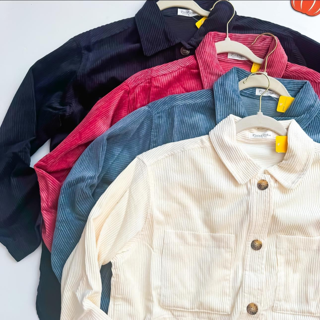 More Than A Feeling Shacket | Pink Line Corduroy Button Down Shacket