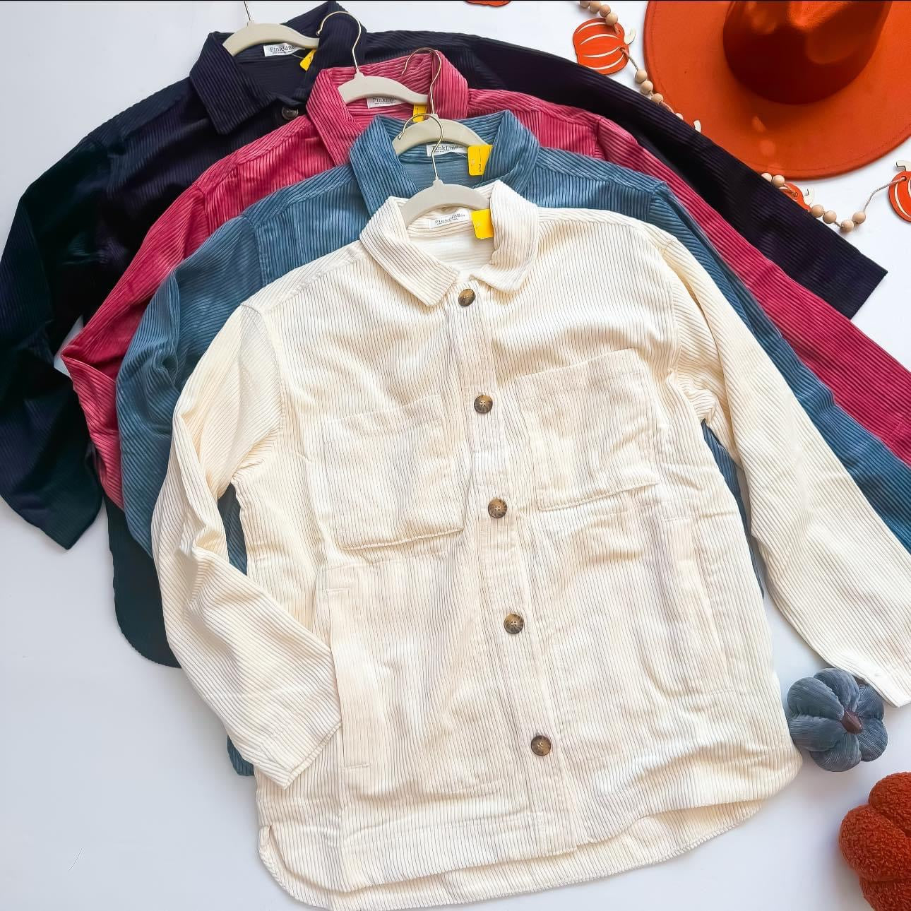 More Than A Feeling Shacket | Pink Line Corduroy Button Down Shacket