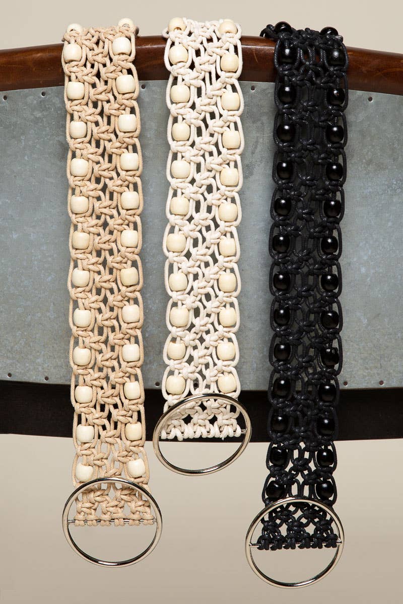 O Ring Beaded Adjustable Belt | Leatherette Beaded Pattern Detail Belt