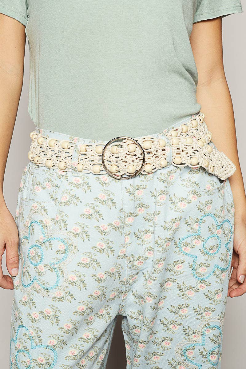 O Ring Beaded Adjustable Belt | Leatherette Beaded Pattern Detail Belt