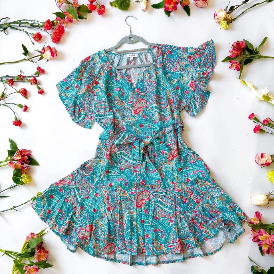 Playful Paisley Belted Dress | Umgee Paisley Split V-neck Belted Dress