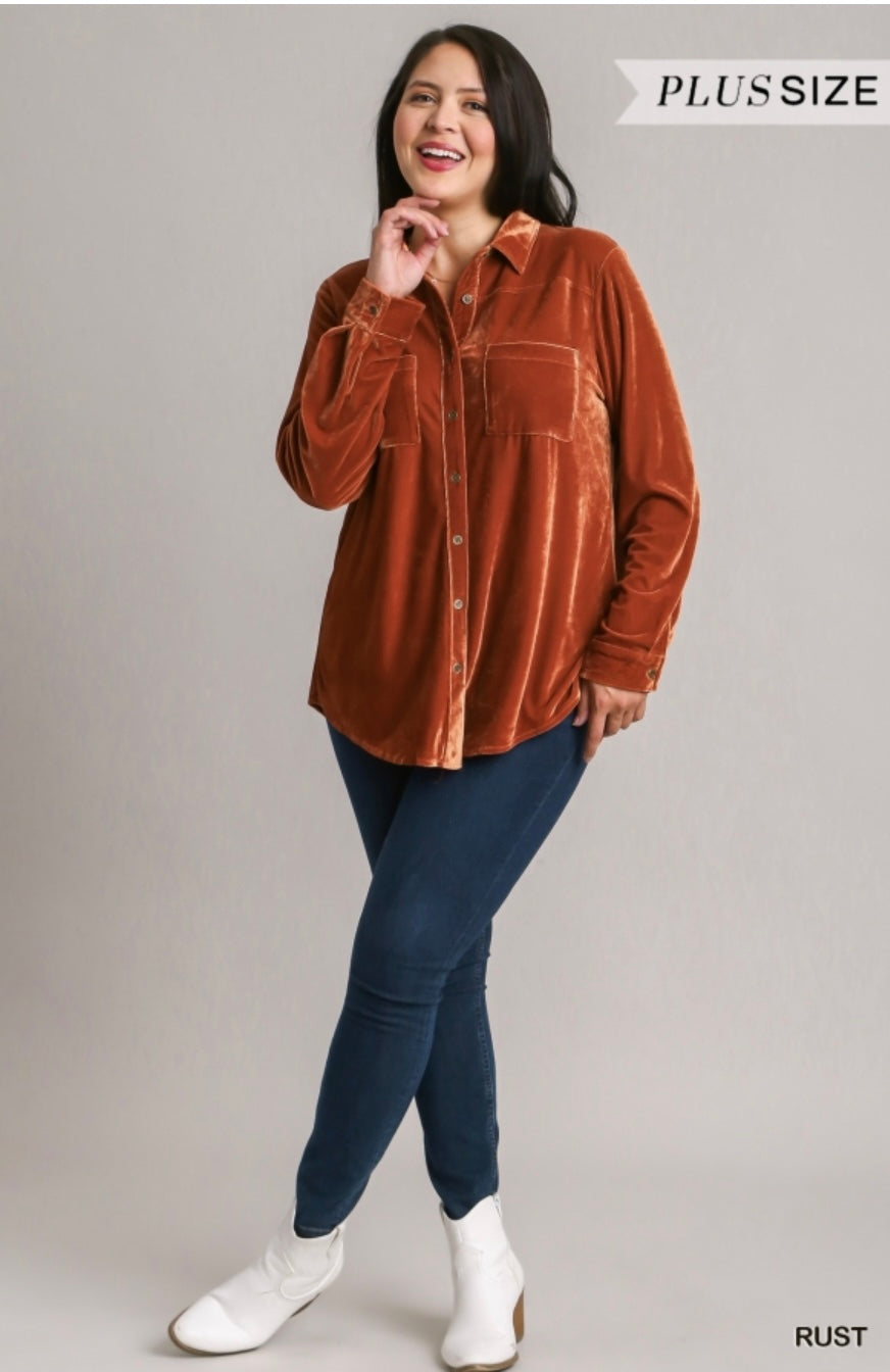 Pumpkin Spice Velvet Top | Long Sleeve Button Up Velvet Top