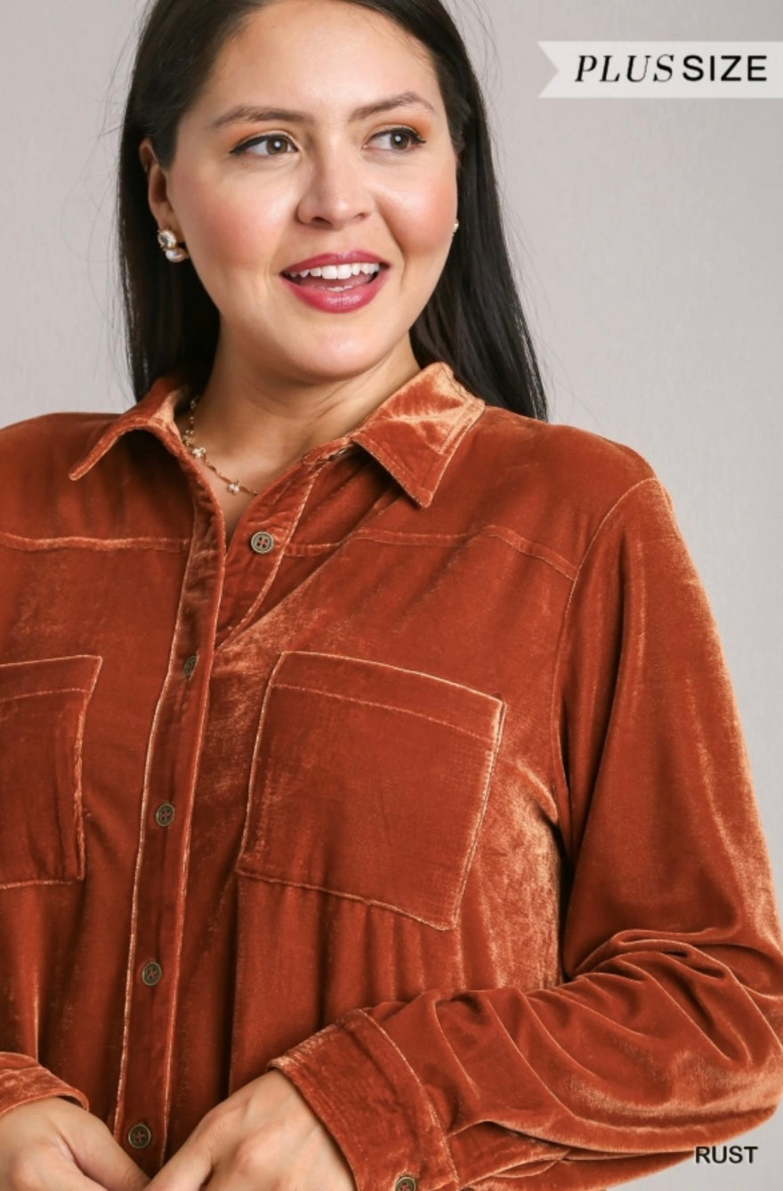 Pumpkin Spice Velvet Top | Long Sleeve Button Up Velvet Top